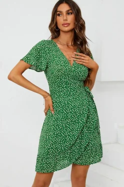 Wrap Dresses*FS Collection Floral Print Mini Wrap Dress In Green