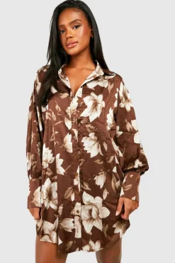 Shirt Dresses*boohoo Floral Print Oversized Shirt Dress brown