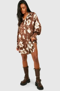 Shirt Dresses*boohoo Floral Print Oversized Shirt Dress brown