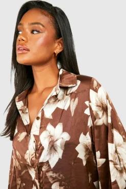 Shirt Dresses*boohoo Floral Print Oversized Shirt Dress brown