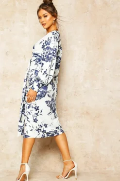 Wrap Dresses|Bodycon Dresses*boohoo Floral Print Plunge Tie Waist Midi Dress blue