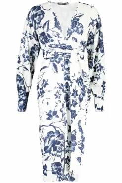 Wrap Dresses|Bodycon Dresses*boohoo Floral Print Plunge Tie Waist Midi Dress blue