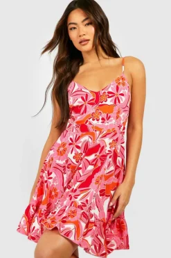 Smock Dresses*boohoo Floral Print Tie Back Ruffle Swing Dress pink