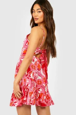 Smock Dresses*boohoo Floral Print Tie Back Ruffle Swing Dress pink