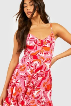 Smock Dresses*boohoo Floral Print Tie Back Ruffle Swing Dress pink