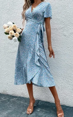 Wrap Dresses*FS Collection Floral Print Wrap Hem Midi Dress In Light Blue