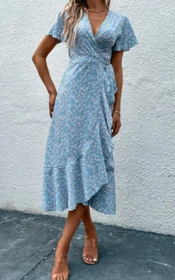 Wrap Dresses*FS Collection Floral Print Wrap Hem Midi Dress In Light Blue