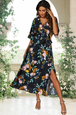Wrap Dresses*FS Collection Floral Print Wrap Top Kimono Sleeve Split Maxi Dress In Black