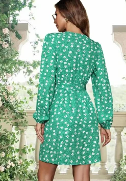 Wrap Dresses*FS Collection Floral Print Wrap Top Mini Dress In Green