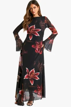 Long Sleeve Dresses|Long Sleeve Dresses*boohoo Floral Printed Mesh A Line Midaxi Dress black