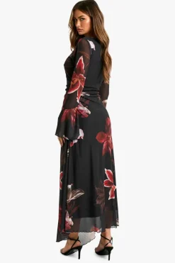 Long Sleeve Dresses|Long Sleeve Dresses*boohoo Floral Printed Mesh A Line Midaxi Dress black