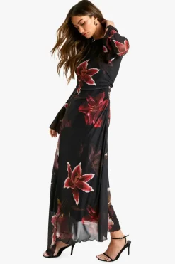 Long Sleeve Dresses|Long Sleeve Dresses*boohoo Floral Printed Mesh A Line Midaxi Dress black