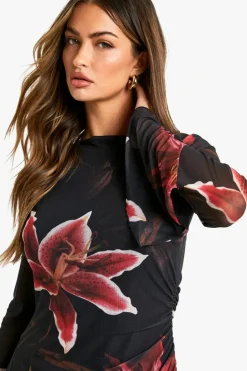 Long Sleeve Dresses|Long Sleeve Dresses*boohoo Floral Printed Mesh A Line Midaxi Dress black