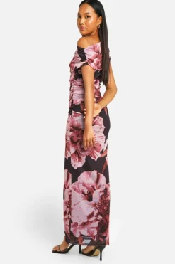 Maxi Dresses*boohoo Floral Printed Mesh Off The Shoulder Maxi Dress black