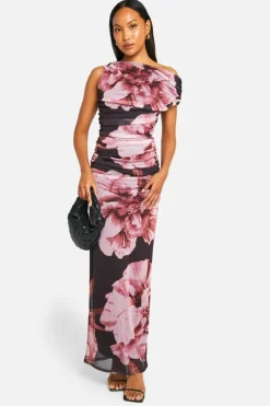 Maxi Dresses*boohoo Floral Printed Mesh Off The Shoulder Maxi Dress black