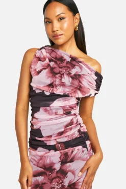 Maxi Dresses*boohoo Floral Printed Mesh Off The Shoulder Maxi Dress black