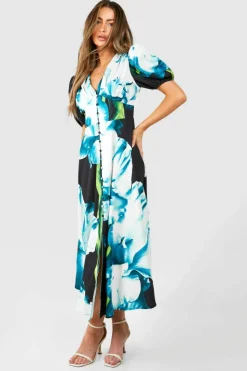 Midi Dresses*boohoo Floral Puff Sleeve Button Through Midi Dress blue