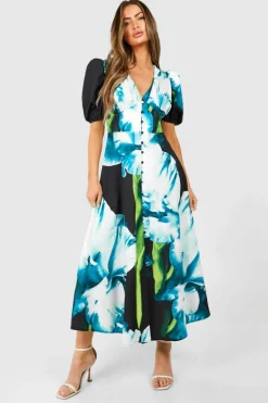 Midi Dresses*boohoo Floral Puff Sleeve Button Through Midi Dress blue