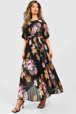 Midi Dresses*boohoo Floral Puff Sleeve Midi Dress black