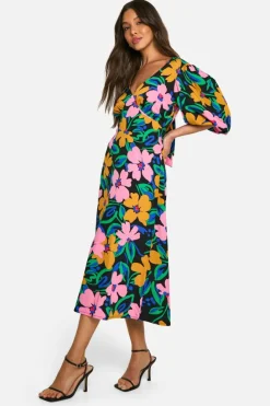 Cami Dresses|Midi Dresses*boohoo Floral Puff Sleeve Tie Back Midi Dress multi