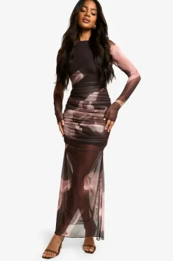 Maxi Dresses|Long Sleeve Dresses*boohoo Floral Ruched Mesh Maxi Dress choc brown