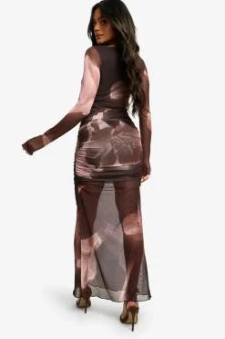 Maxi Dresses|Long Sleeve Dresses*boohoo Floral Ruched Mesh Maxi Dress choc brown