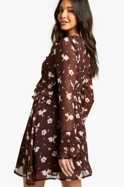 Smock Dresses*boohoo Floral Ruffle Sleeve Mini Dress brown