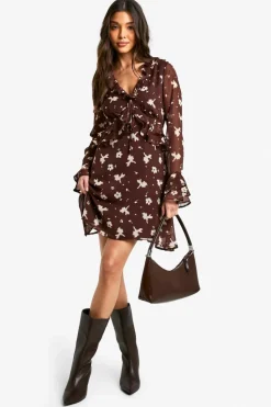 Smock Dresses*boohoo Floral Ruffle Sleeve Mini Dress brown