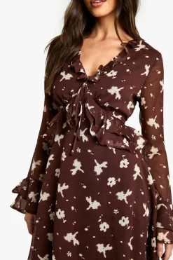 Smock Dresses*boohoo Floral Ruffle Sleeve Mini Dress brown