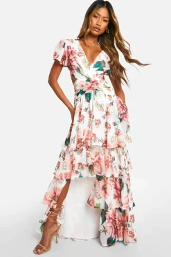 Skater Dresses*boohoo Floral Ruffle Tiered Cut Out Maxi Dress white