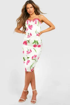 Midi Dresses*boohoo Floral Satin Corset Midi Dress purple
