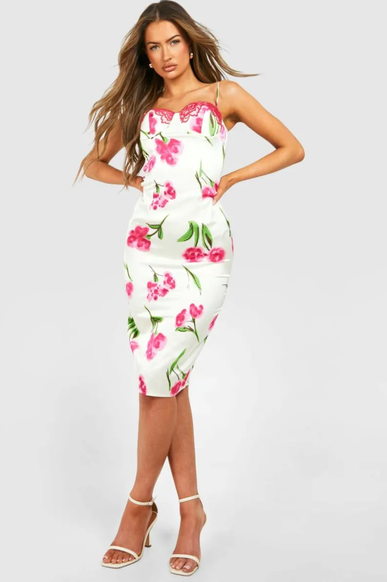 Midi Dresses*boohoo Floral Satin Corset Midi Dress purple