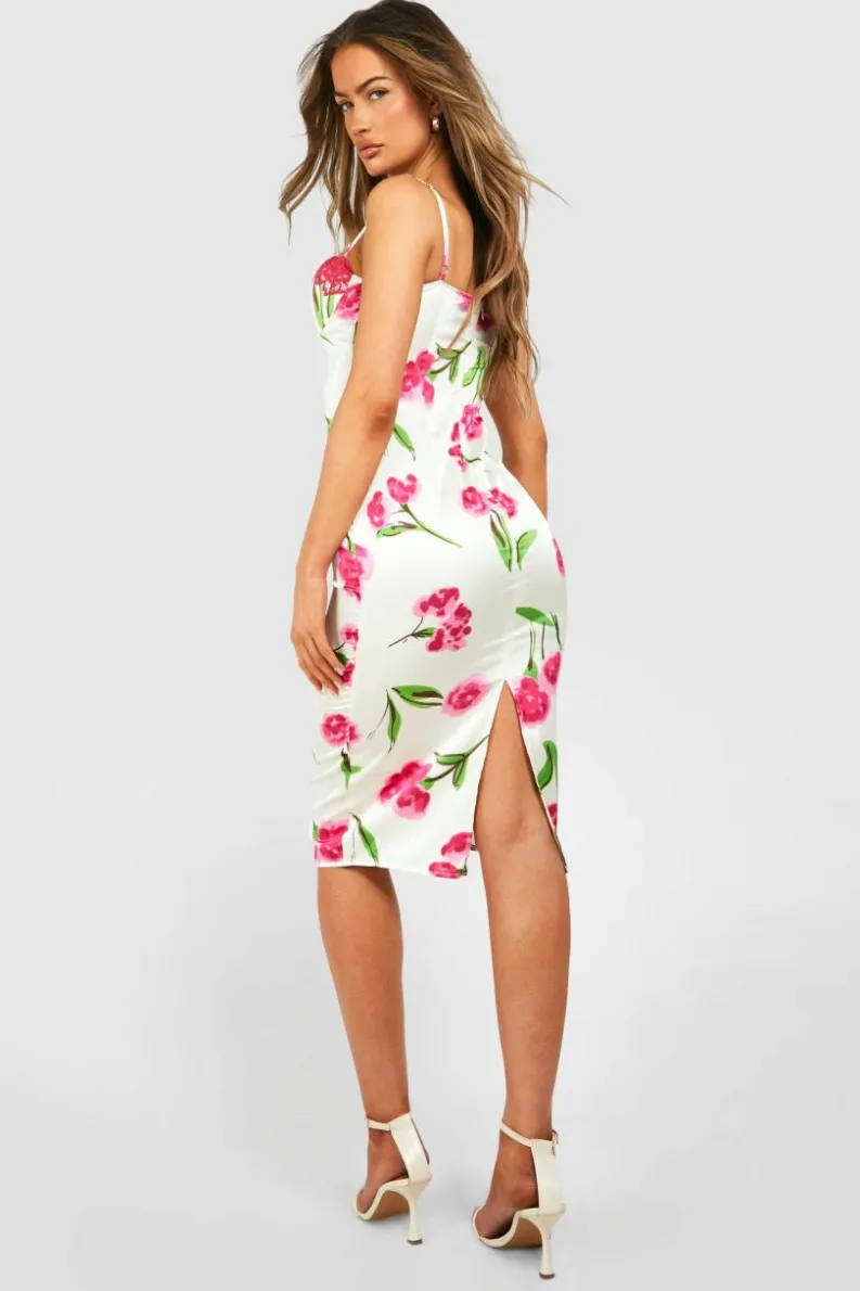 Midi Dresses*boohoo Floral Satin Corset Midi Dress purple