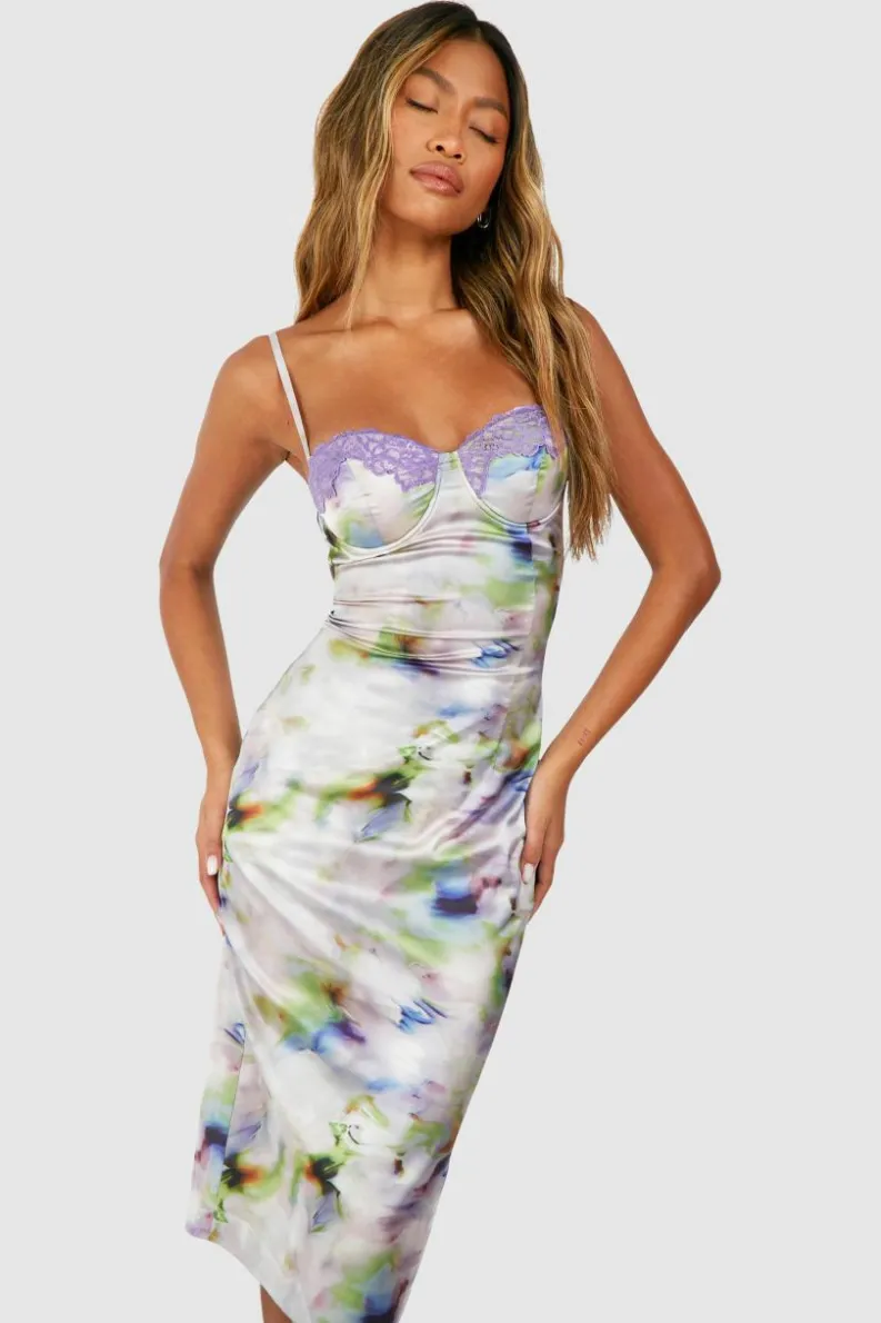 Midi Dresses*boohoo Floral Satin Corset Midi Dress multi