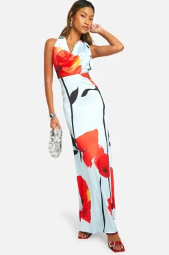 Cami Dresses*boohoo Floral Satin Cowl Front Maxi Dress blue