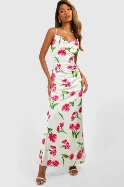Cami Dresses|Midi Dresses*boohoo Floral Satin Midi Cowl Slip Dress purple