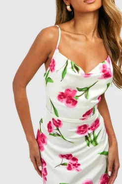 Cami Dresses|Midi Dresses*boohoo Floral Satin Midi Cowl Slip Dress purple