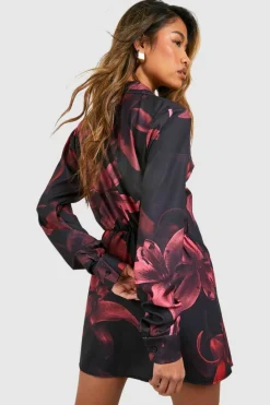 Shirt Dresses|Wrap Dresses*boohoo Floral Satin Wrap Shirt Dress maroon