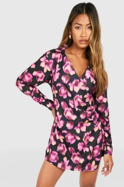 Wrap Dresses|Shirt Dresses*boohoo Floral Satin Wrap Shirt Dress black