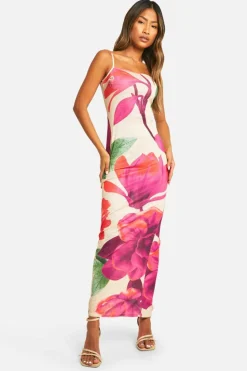 Cami Dresses*boohoo Floral Sheer Print Maxi Dress nude
