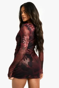 Mini Dresses|Long Sleeve Dresses*boohoo Floral Square Neck Ruched Mini Dress brown