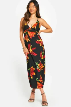 Cami Dresses*boohoo Floral Strappy Midaxi Dress black