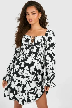 Smock Dresses*boohoo Floral Tie Front Smock Dress black