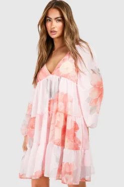 Smock Dresses*boohoo Floral Tiered Chiffon Mini Dress pink