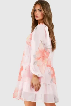 Smock Dresses*boohoo Floral Tiered Chiffon Mini Dress pink