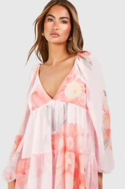 Smock Dresses*boohoo Floral Tiered Chiffon Mini Dress pink