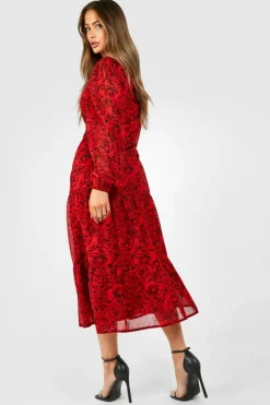 Smock Dresses|Midi Dresses*boohoo Floral Tie Midi Smock Dress red