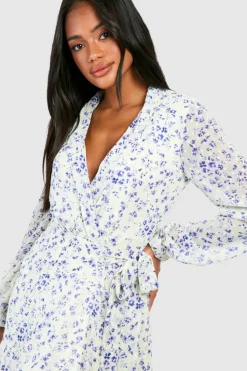 Wrap Dresses*boohoo Floral Wrap Belted Maxi Dress white