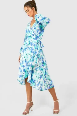 Wrap Dresses|Midi Dresses*boohoo Floral Wrap Belted Midi Dress blue