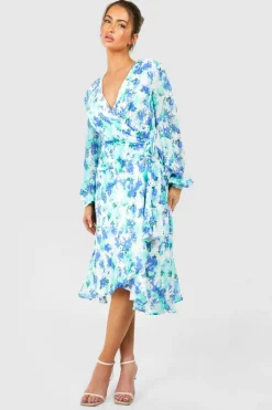 Wrap Dresses|Midi Dresses*boohoo Floral Wrap Belted Midi Dress blue